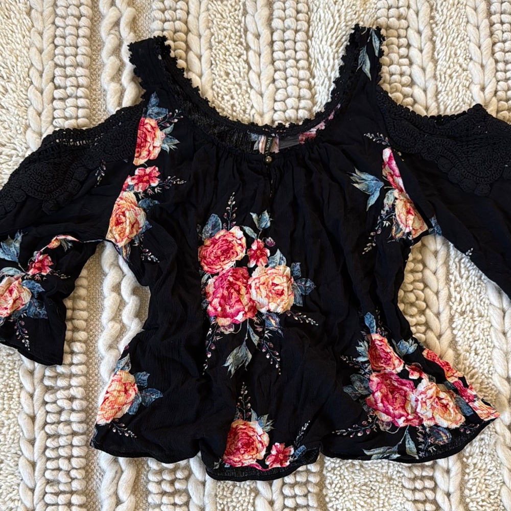 Black Crochet Cold Shoulder Top